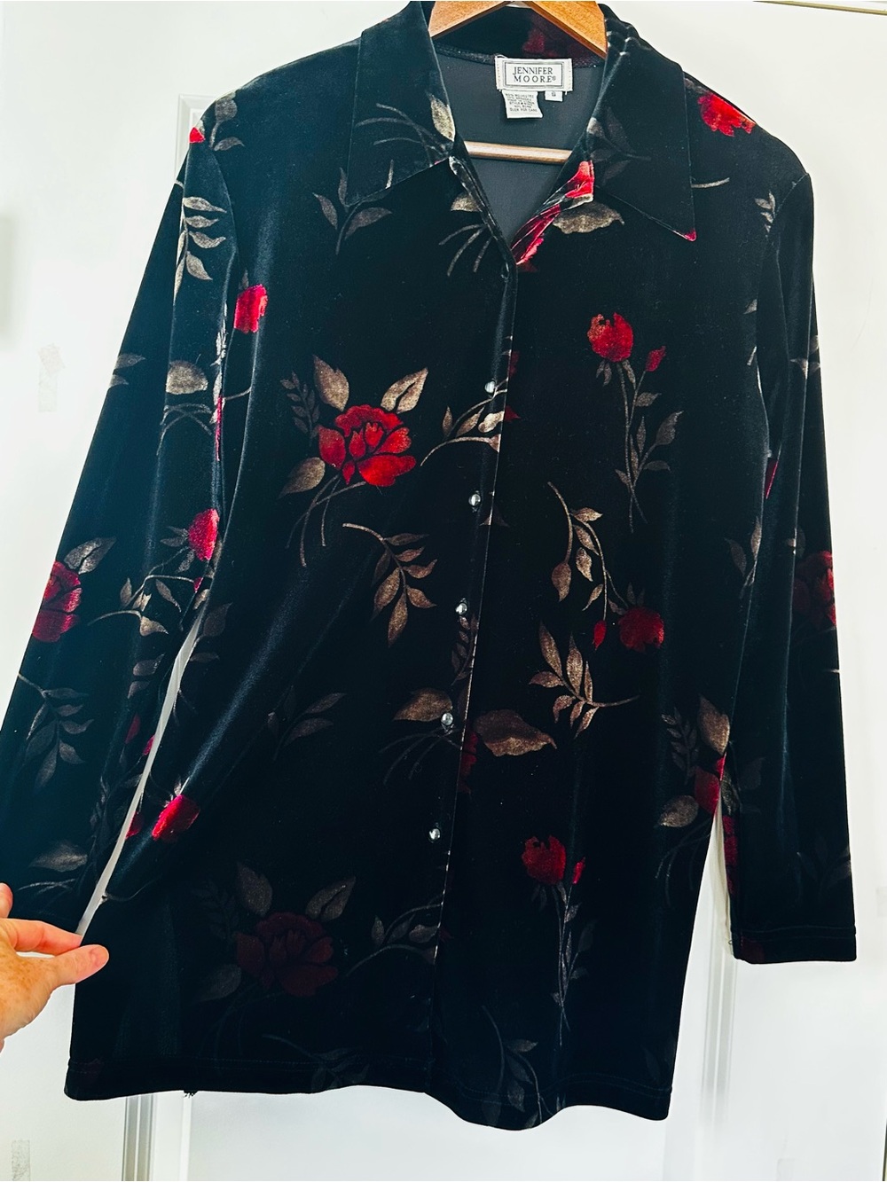 Vintage Jennifer Moore Black Velvet Floral Button-Up Shirt